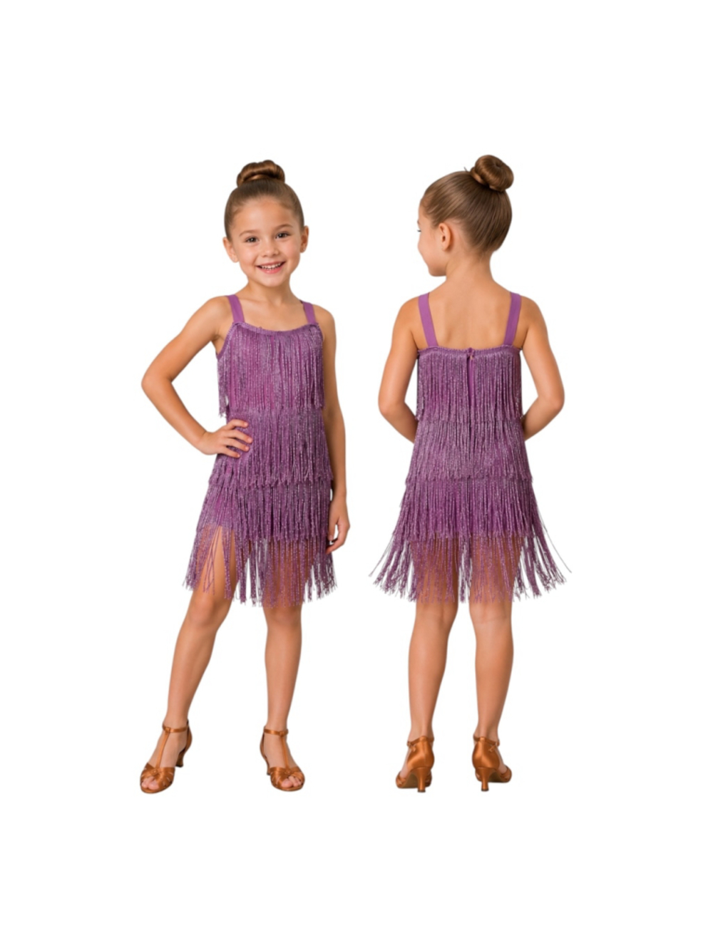 Girls Size 110 (US 4–5) Purple Fringe Latin Ballroom Dance Dress Competition Cos
